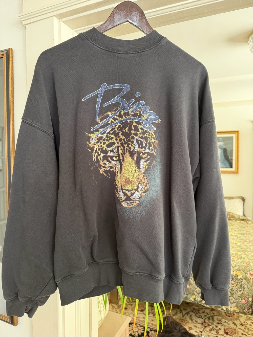Anine Bing Black Crewneck Sweatshirt with Leopard